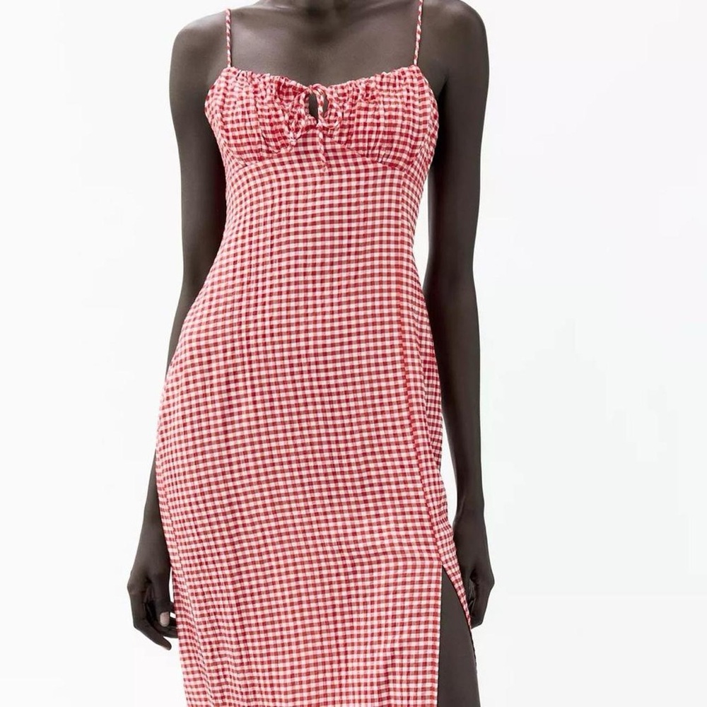 NWT Zara Gingham Tie Front Open Back Slit Midi Dress in Red/White - XS